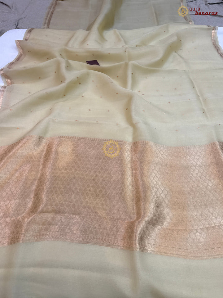 Cream Pure Kora Silk Handloom Banarasi Saree
