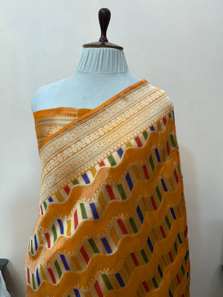 Orange Katan Tissue Silk Banarasi Saree with Kadhwa Meenakari