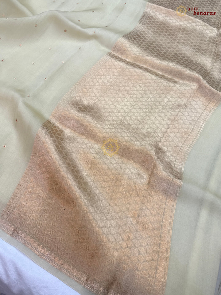 Cream Pure Kora Silk Handloom Banarasi Saree