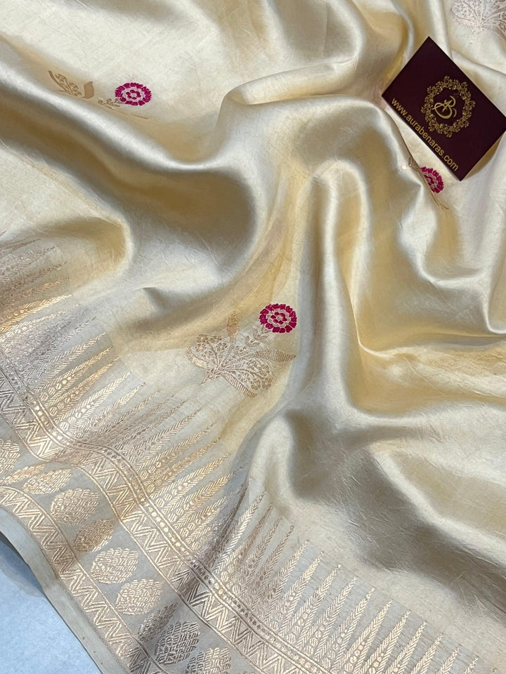 Cream Pure Banarasi Handloom Silk Saree | Aura Benaras