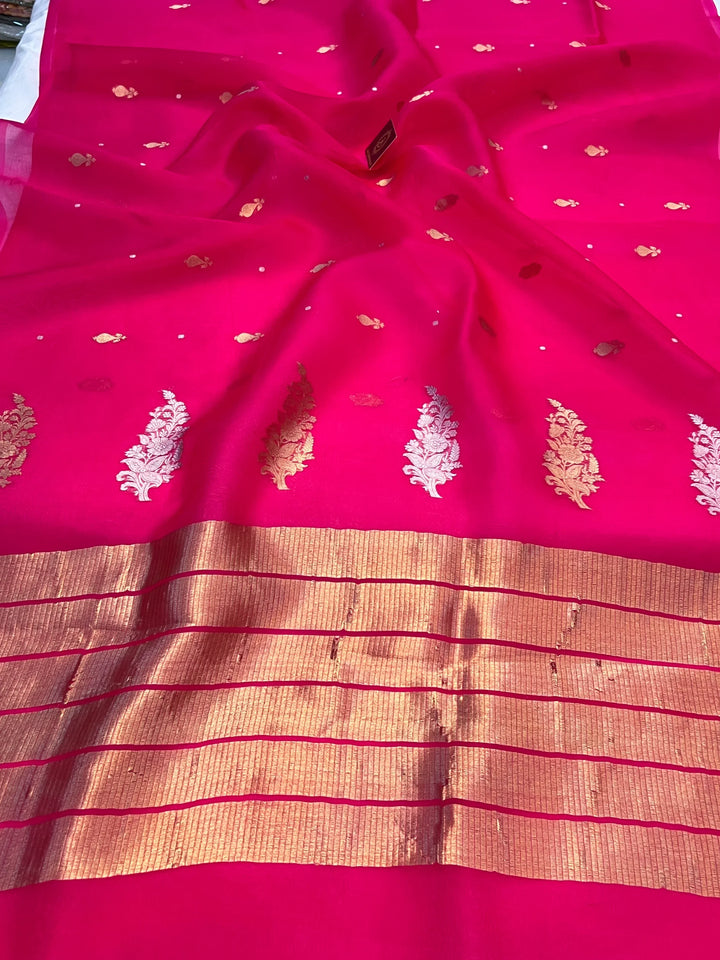 Rani Pink Pure Kora Silk Handloom Banarasi Saree