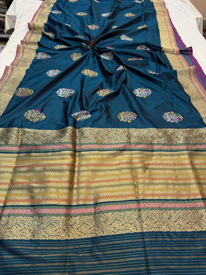 Peacock Shade Katan Silk Saree with Kadhwa Meenakari Motifs
