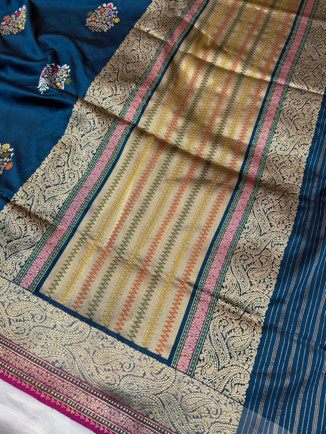 Peacock Shade Katan Silk Saree with Kadhwa Meenakari Motifs