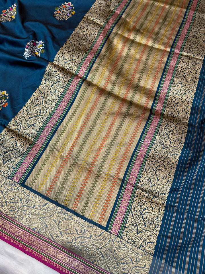 Peacock Shade Katan Silk Saree with Kadhwa Meenakari Motifs