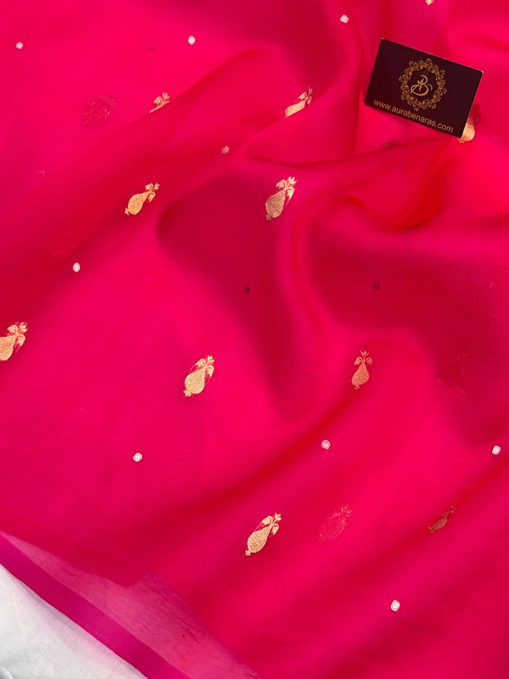 Rani Pink Pure Kora Silk Handloom Banarasi Saree