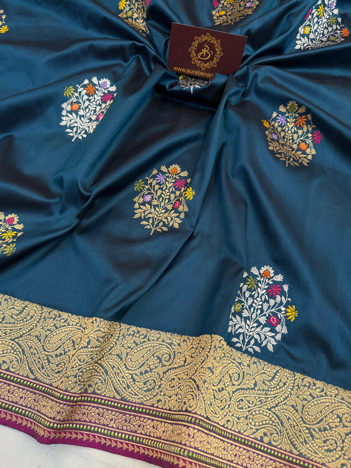 Peacock Shade Katan Silk Saree with Kadhwa Meenakari Motifs