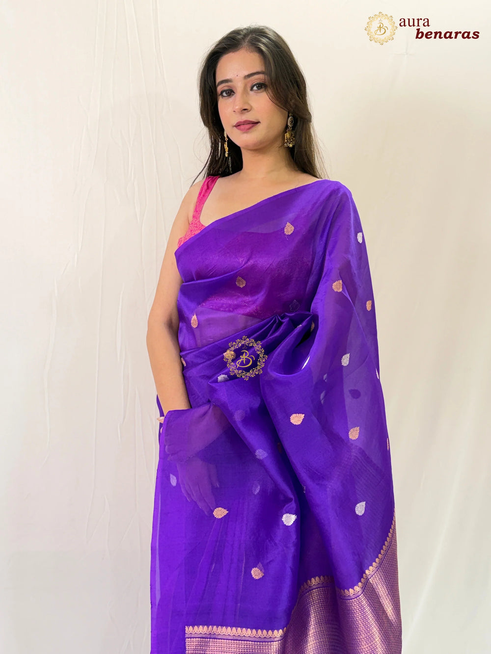 Purple Kora & Silk Banarasi Saree with Stripes & Butis