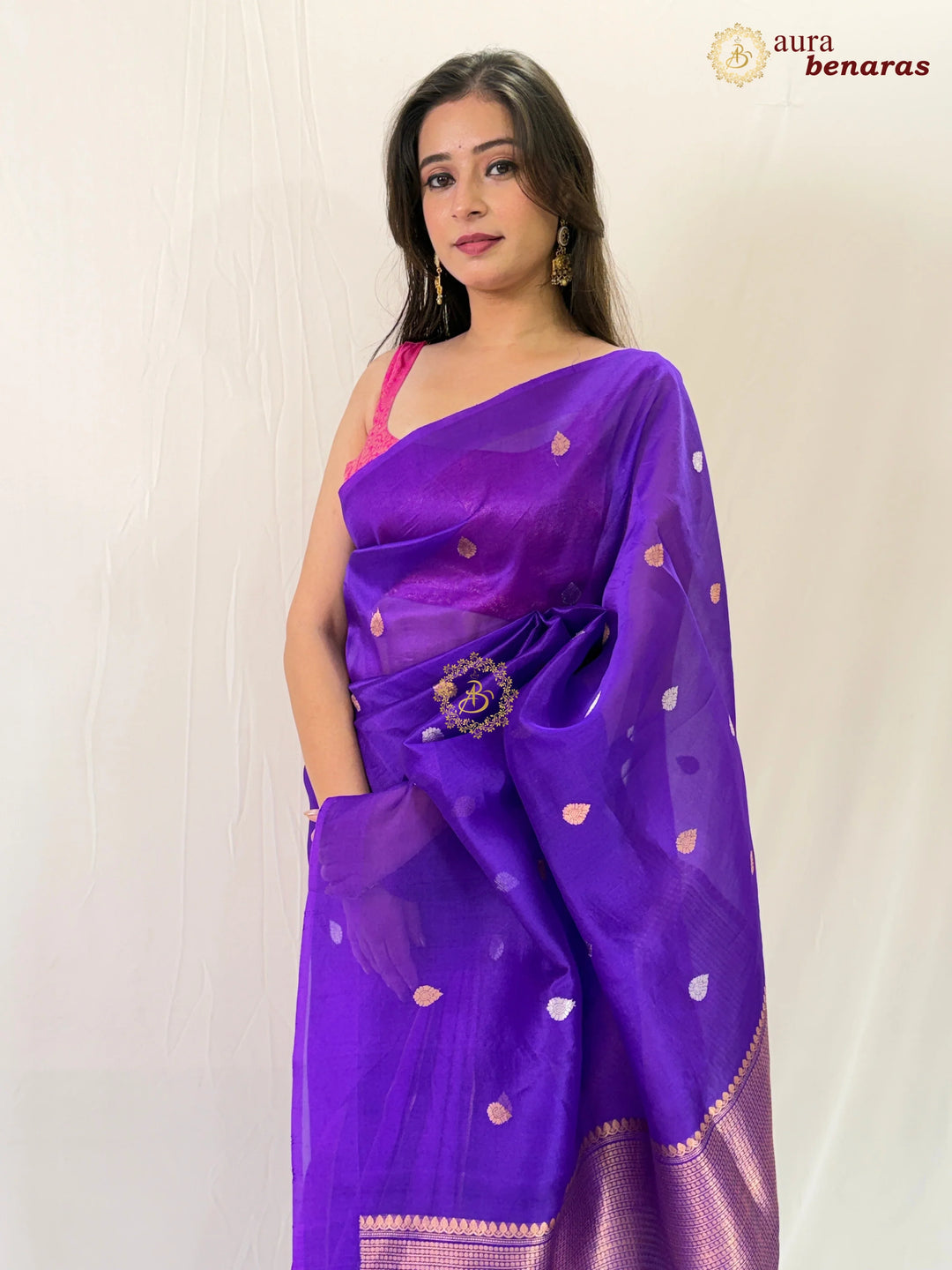 Purple Kora & Silk Banarasi Saree with Stripes & Butis