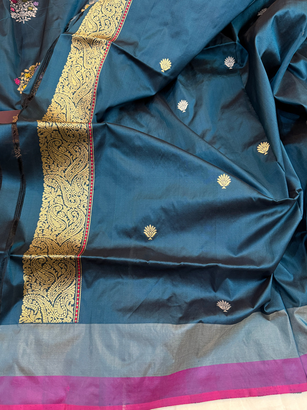Peacock Shade Katan Silk Saree with Kadhwa Meenakari Motifs