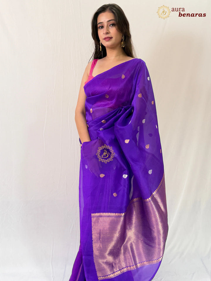 Purple Kora & Silk Banarasi Saree with Stripes & Butis