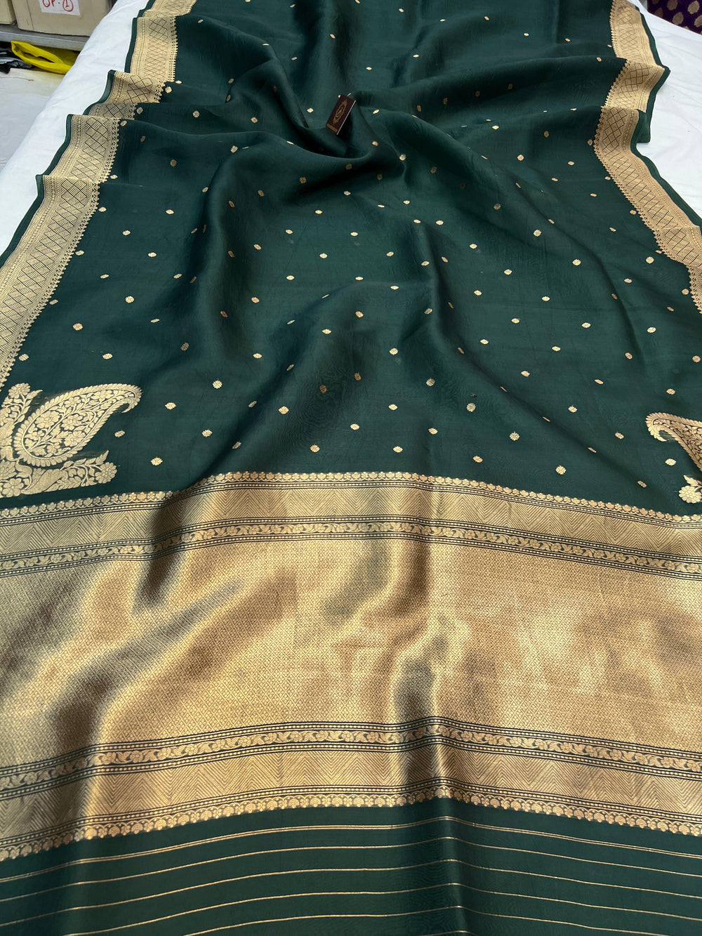 Bottle Green Pure Kora Silk Handloom Banarasi Saree