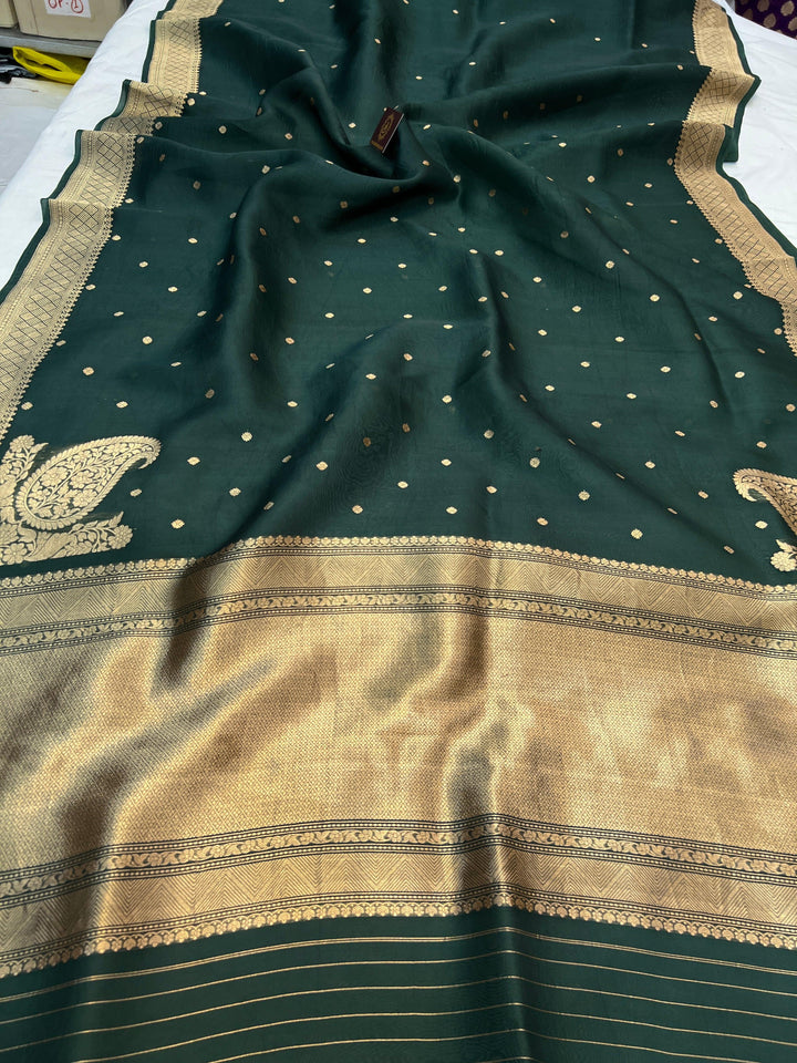 Bottle Green Pure Kora Silk Handloom Banarasi Saree
