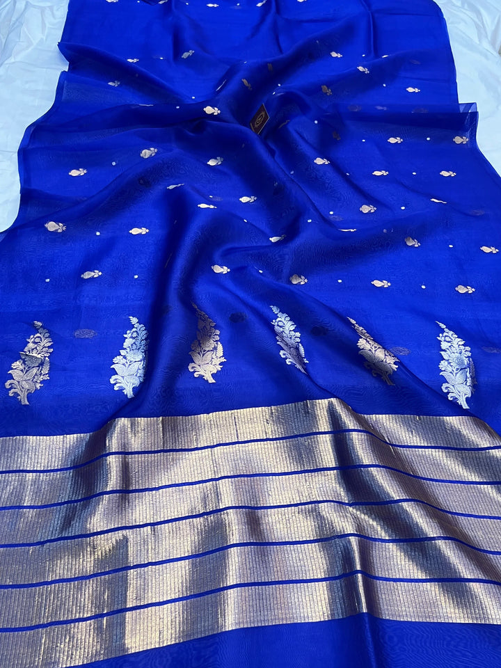 Royal Blue Pure Kora Silk Handloom Banarasi Saree
