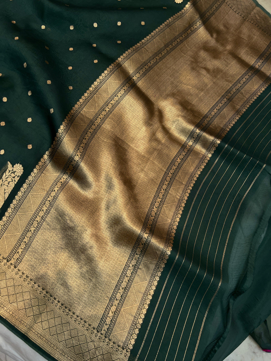 Bottle Green Pure Kora Silk Handloom Banarasi Saree