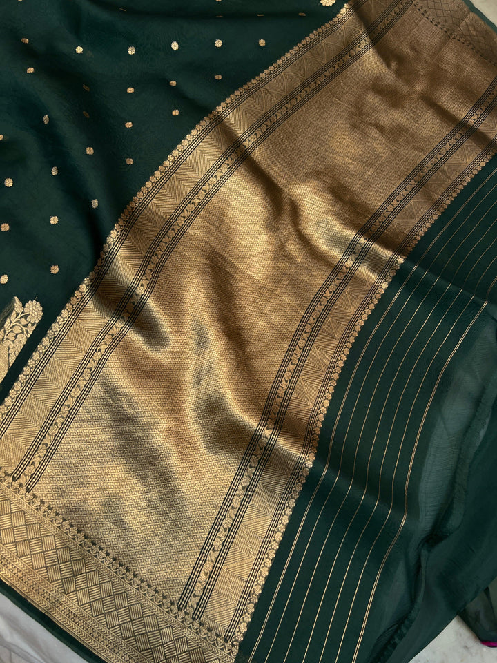 Bottle Green Pure Kora Silk Handloom Banarasi Saree