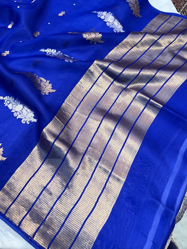 Royal Blue Pure Kora Silk Handloom Banarasi Saree
