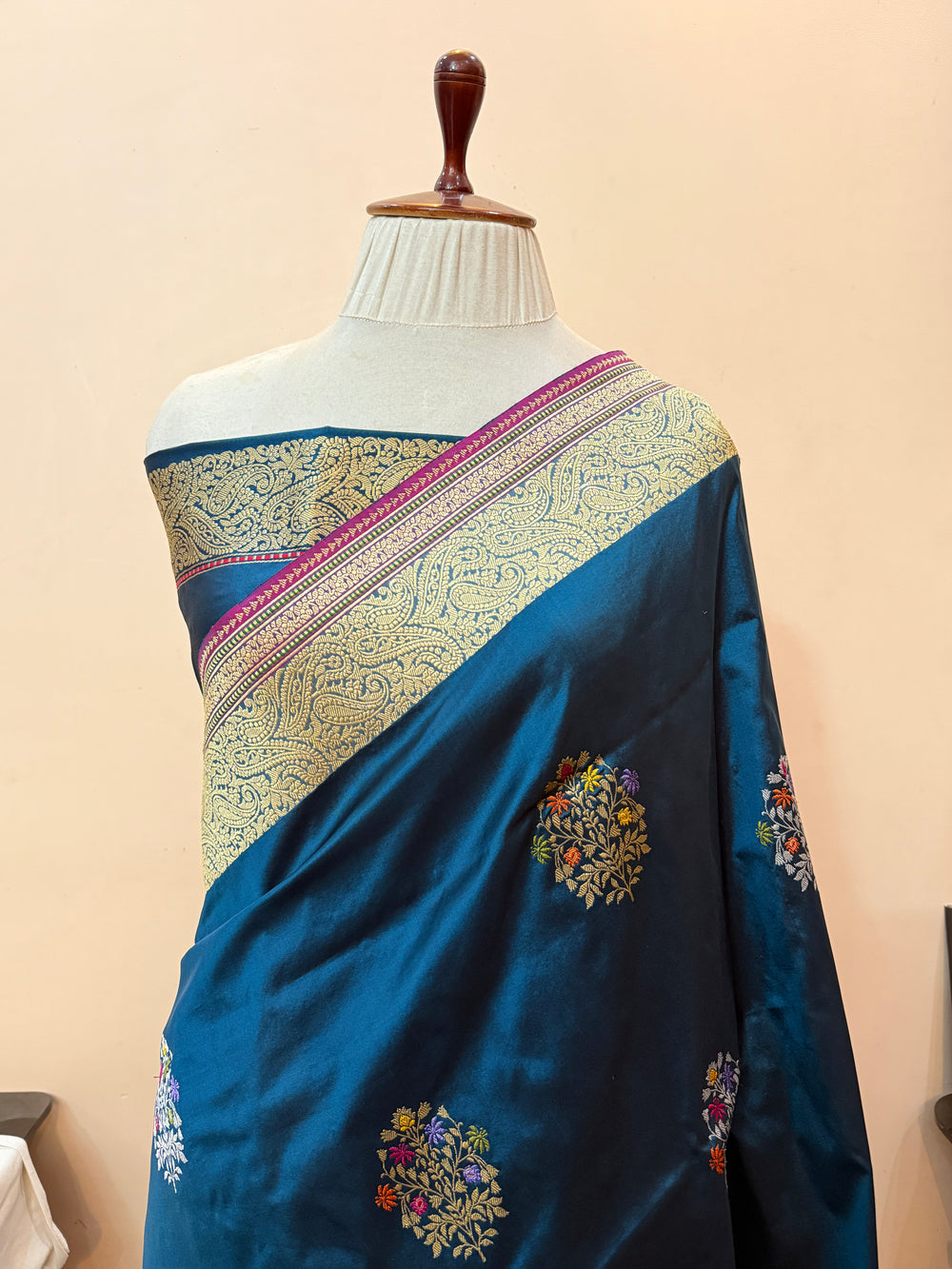 Peacock Shade Katan Silk Saree with Kadhwa Meenakari Motifs
