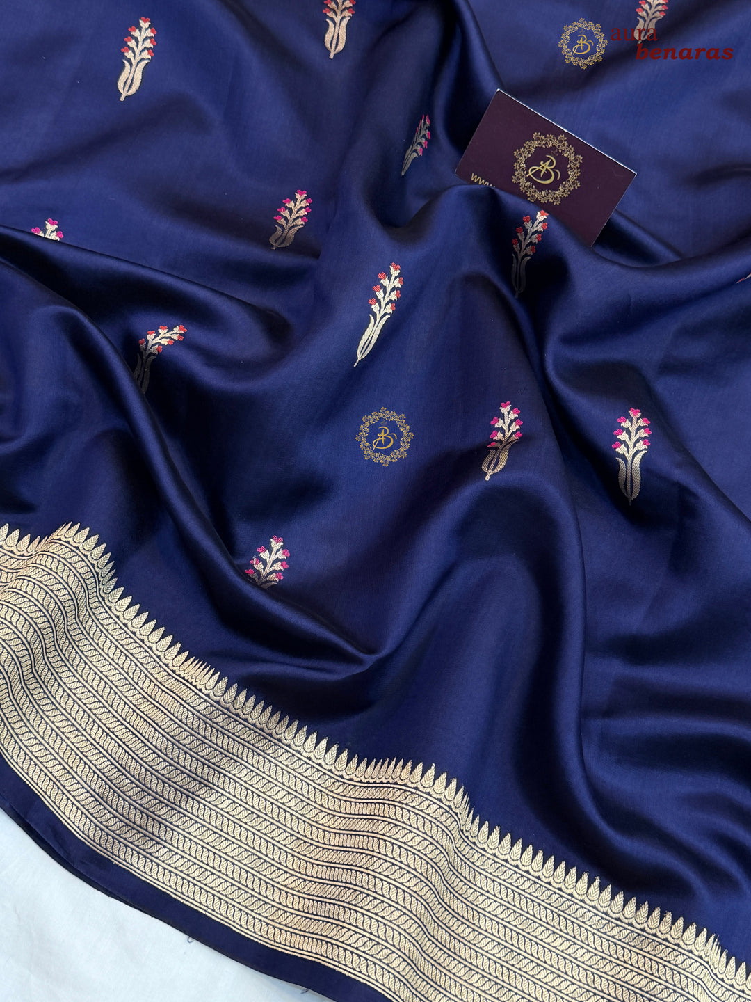 Navy Blue Pure Silk Handloom Banarasi Saree - AuraBenaras