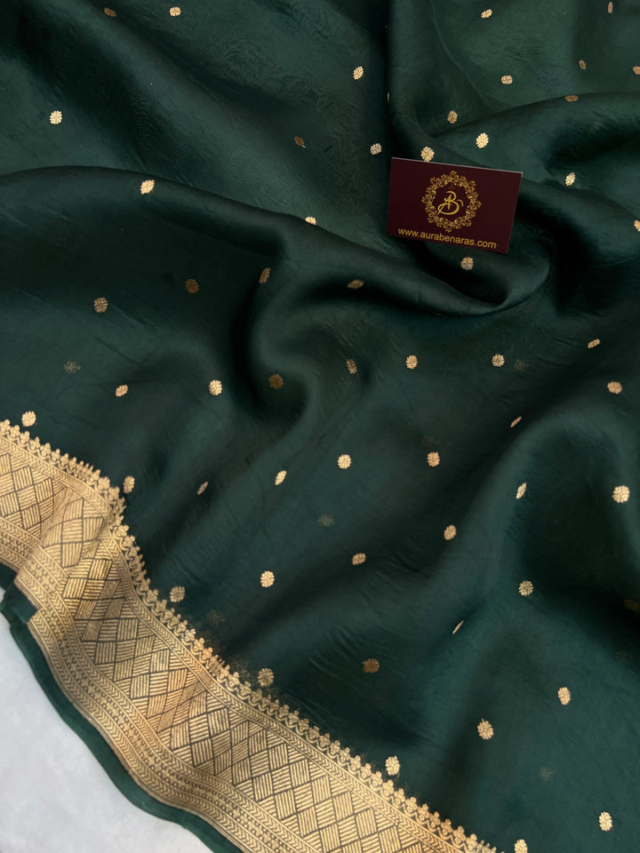 Bottle Green Pure Kora Silk Handloom Banarasi Saree