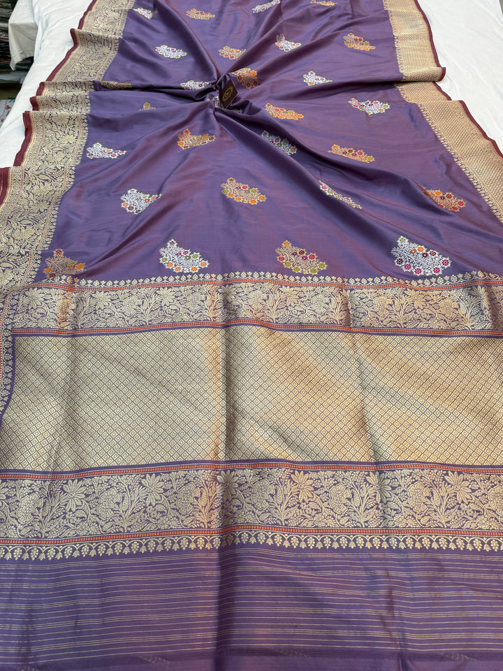 Dusty Lavender Katan Silk Saree with Kadhwa Meenakari Motifs