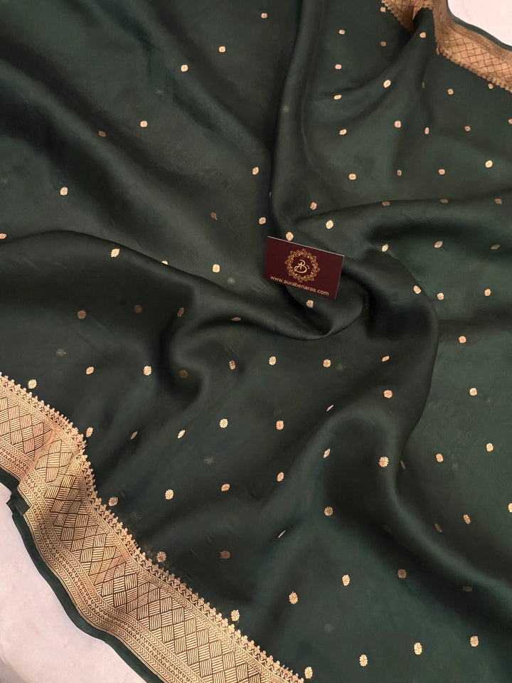 Bottle Green Pure Kora Silk Handloom Banarasi Saree