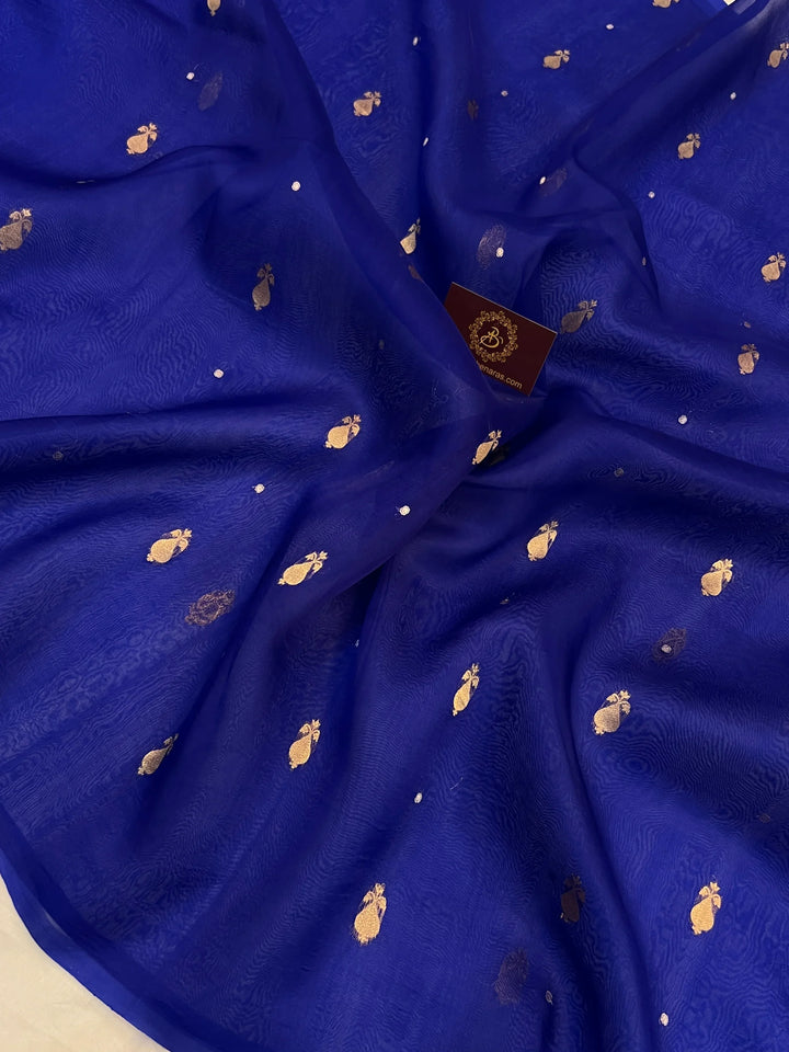 Royal Blue Pure Kora Silk Handloom Banarasi Saree