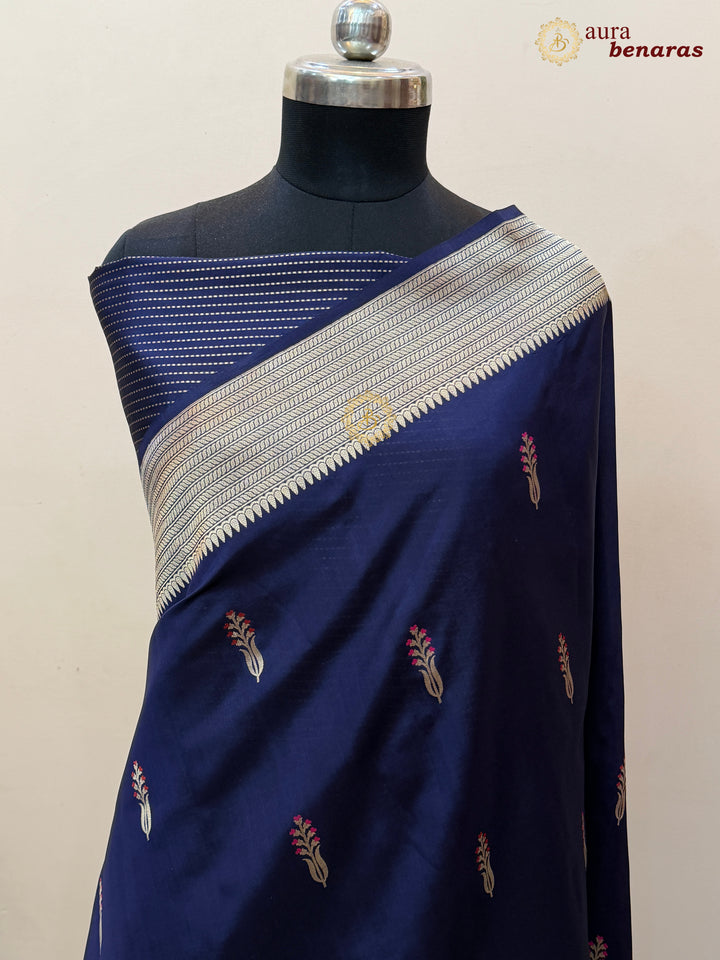 Navy Blue Pure Silk Handloom Banarasi Saree - AuraBenaras