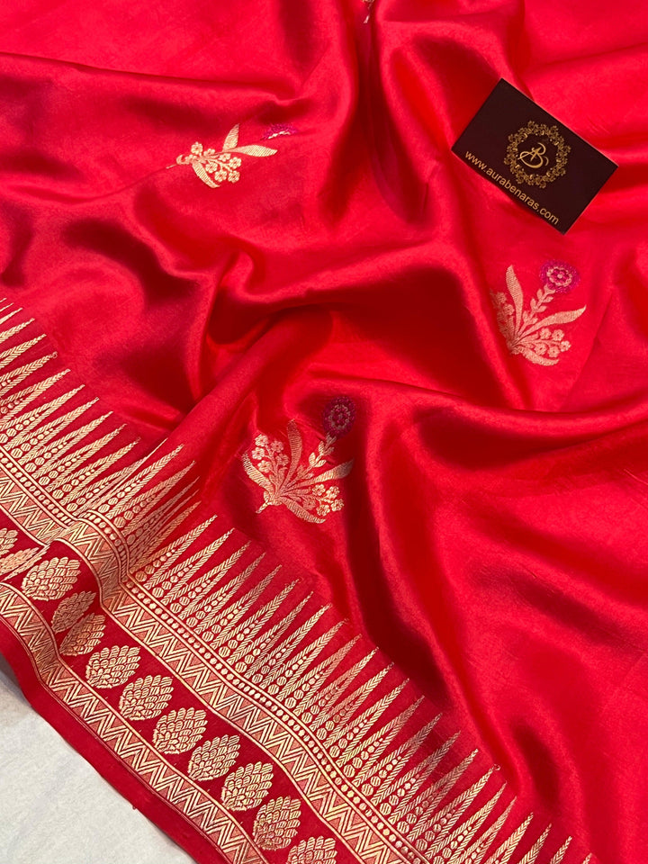 Buy Orangish Pink Pure Banarasi Handloom Silk Saree | Aura Benaras