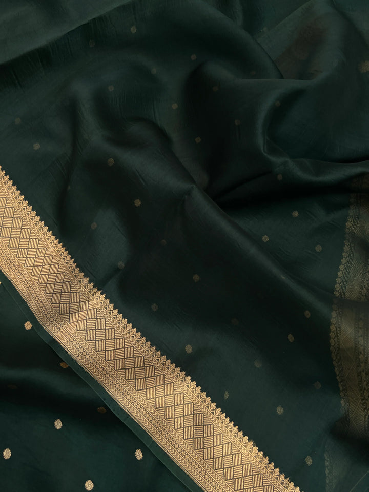 Bottle Green Pure Kora Silk Handloom Banarasi Saree