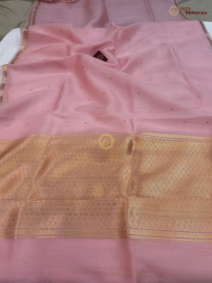Peachish pink Kora Silk Banarasi Saree with Zari Butis