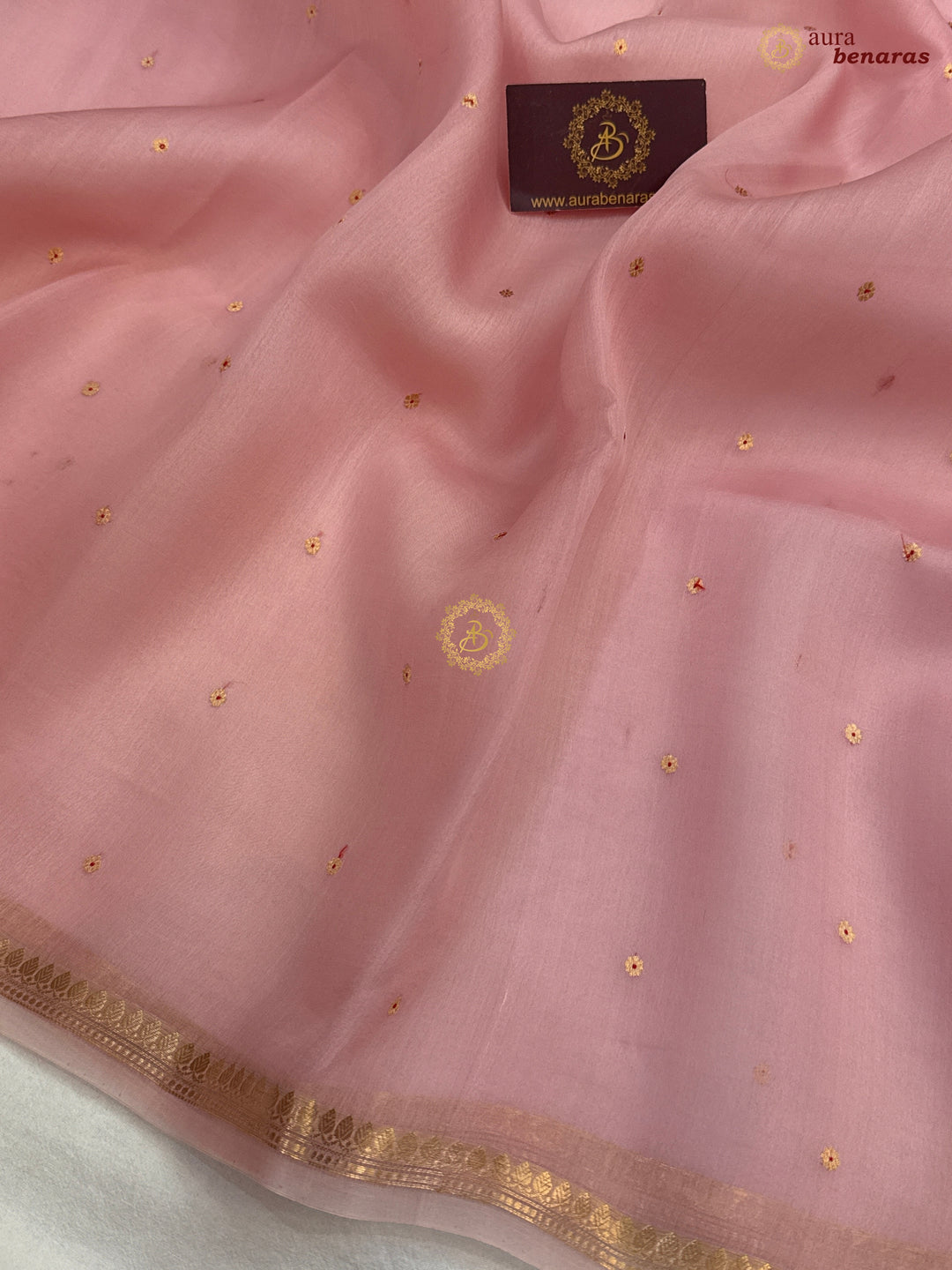 Peachish pink  Kora Silk Banarasi Saree with Zari Butis 