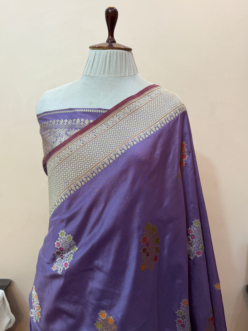 Dusty Lavender Katan Silk Saree with Kadhwa Meenakari Motifs