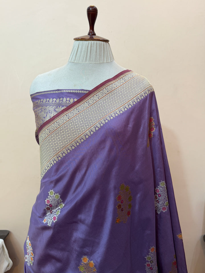 Dusty Lavender Katan Silk Saree with Kadhwa Meenakari Motifs