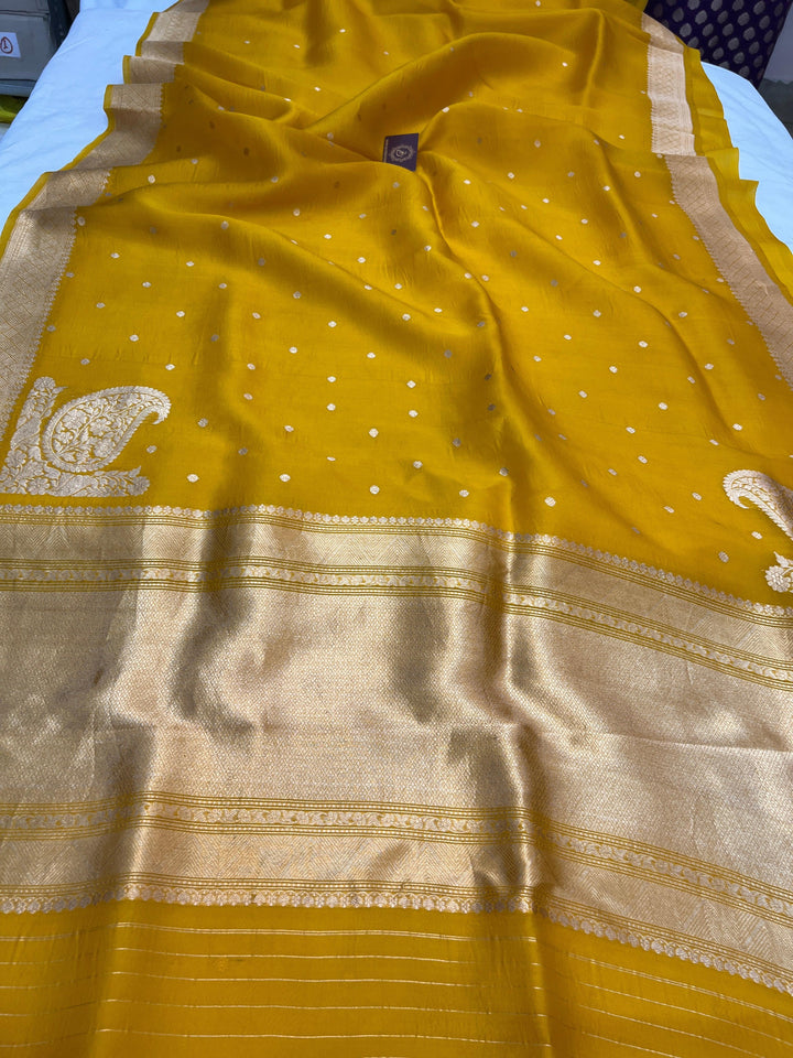 Mustard Yellow Pure Kora Silk Handloom Banarasi Saree