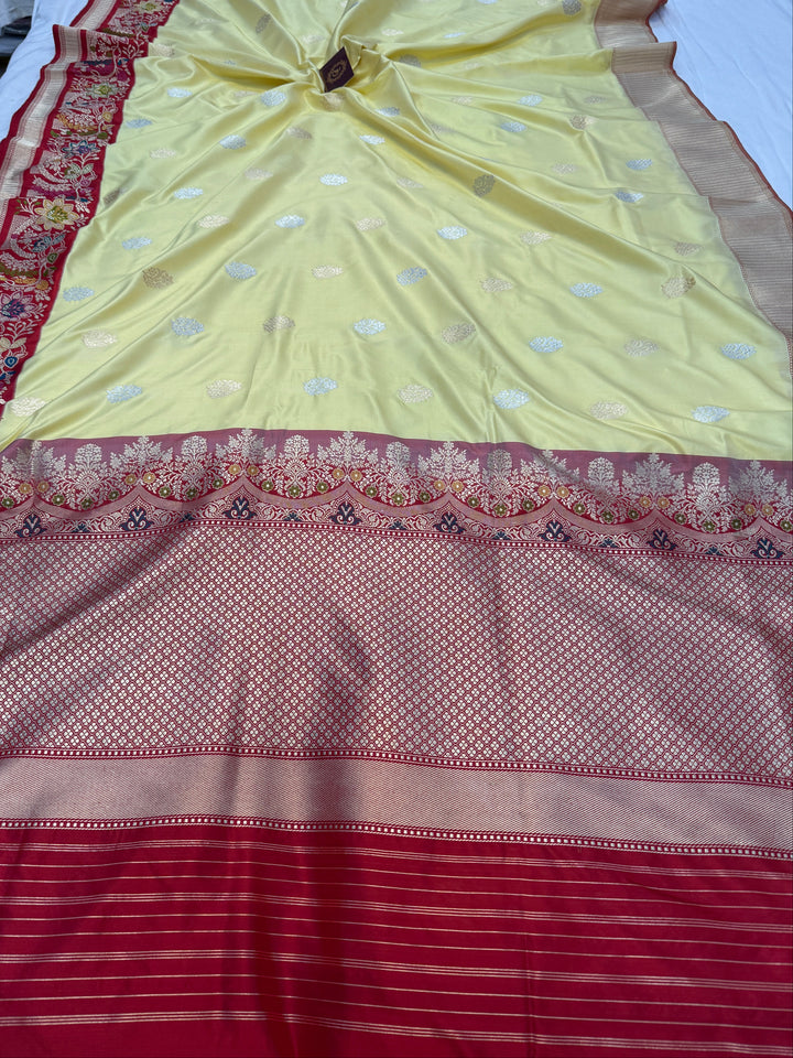 English Yellow Katan Silk Saree with Kadhwa Meenakari Border