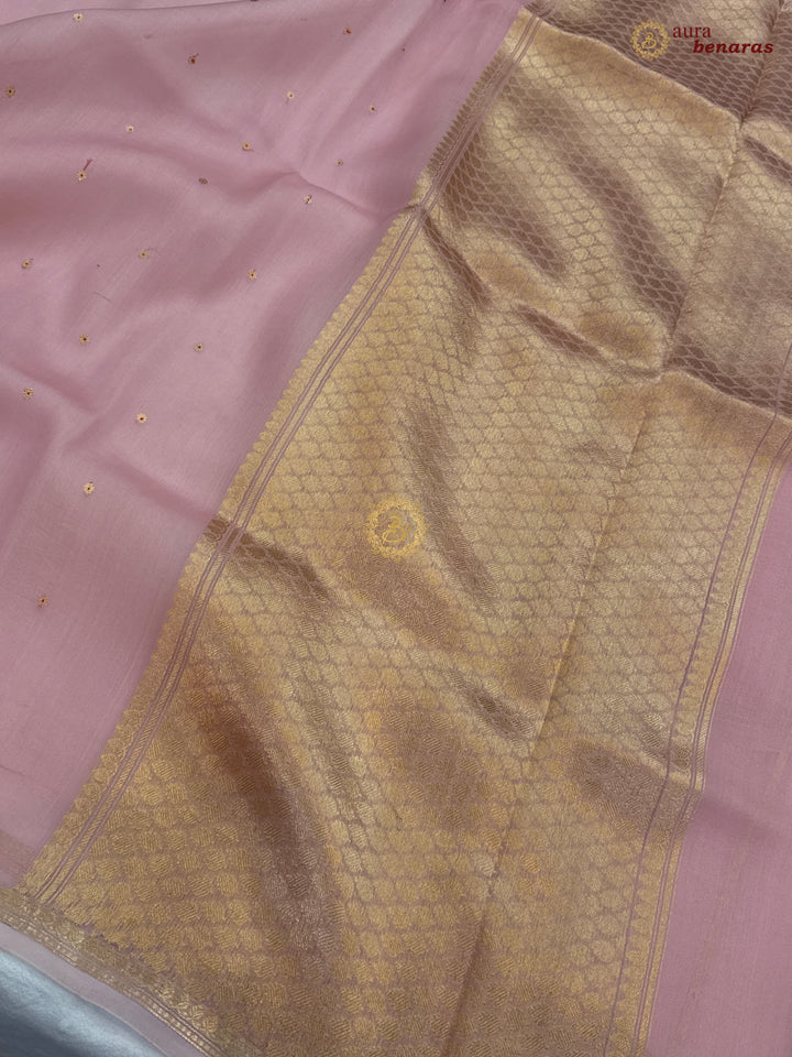 Peachish pink Pure Kora Silk Handloom Banarasi Saree