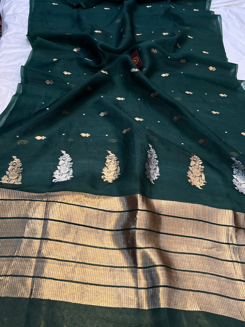 Bottle Green Pure Kora Silk Handloom Banarasi Saree