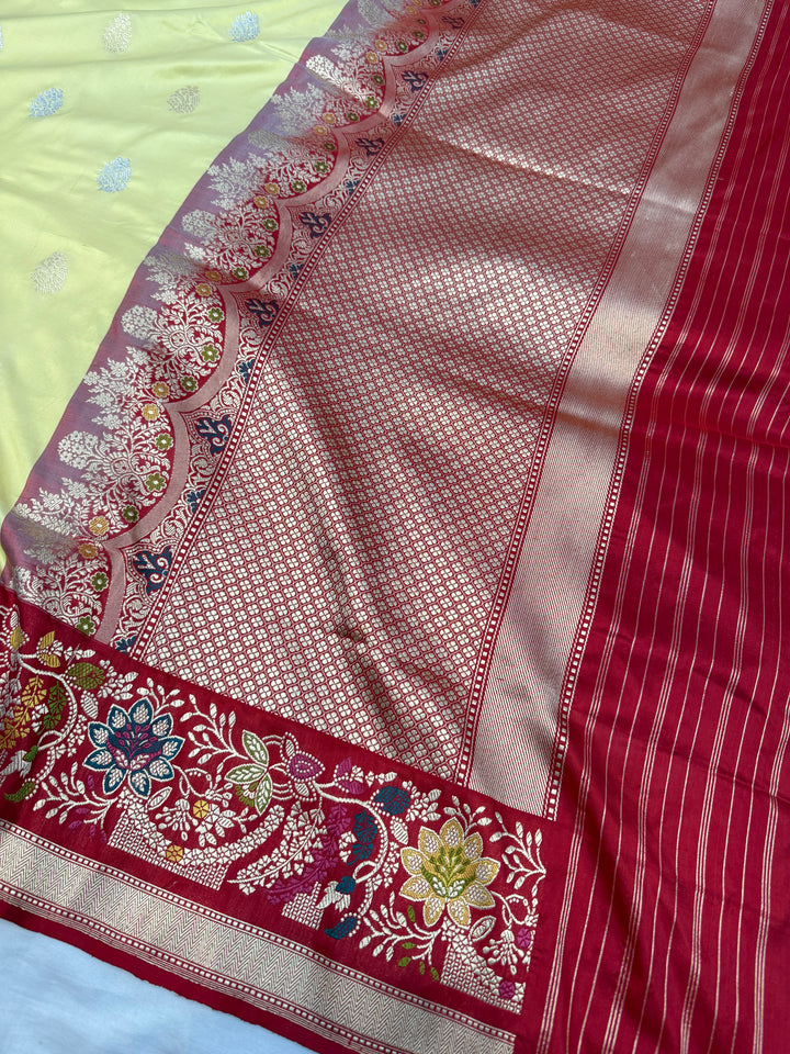 English Yellow Katan Silk Saree with Kadhwa Meenakari Border