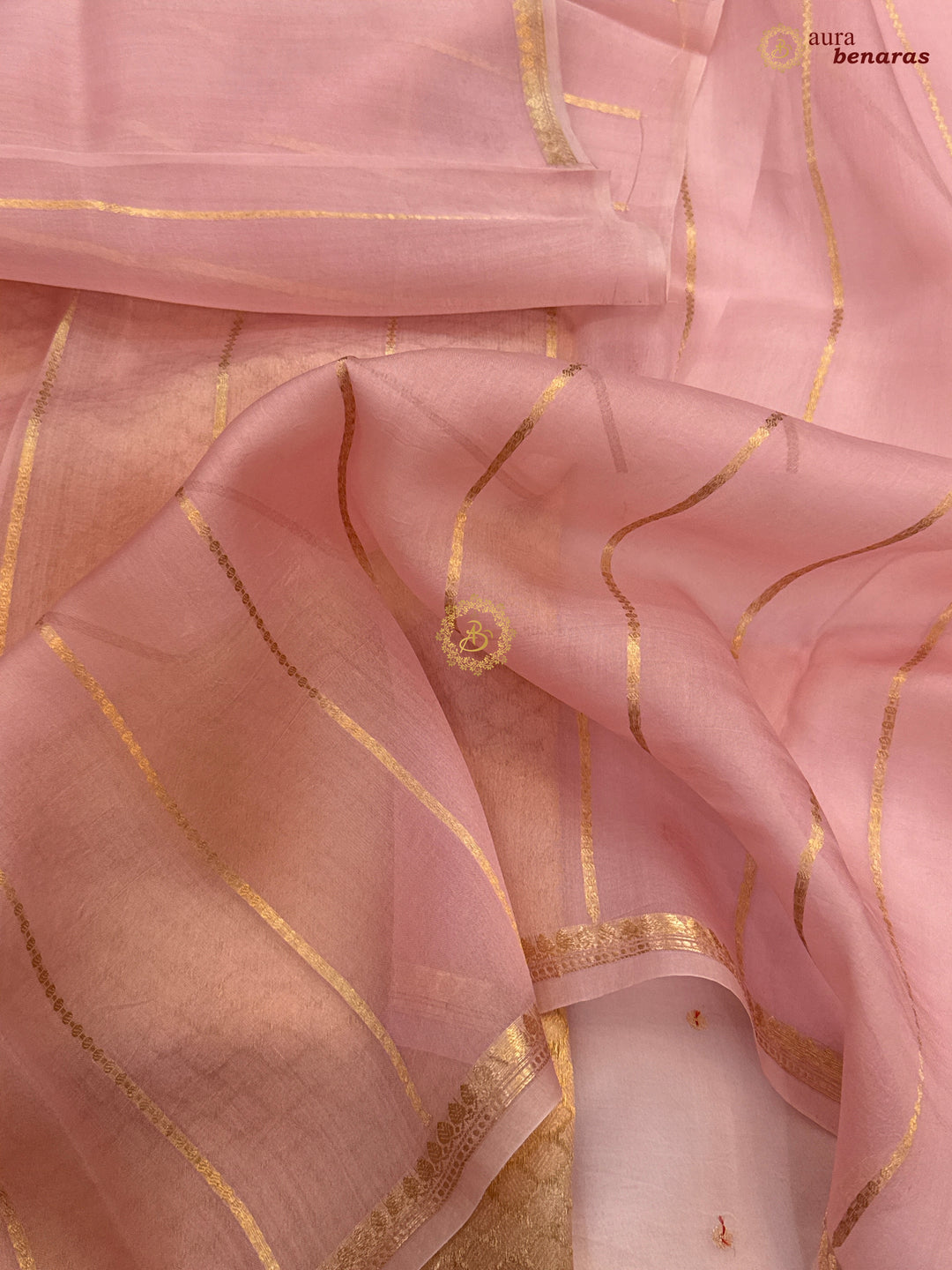 Peachish pink Kora Silk Banarasi Saree with Zari Butis