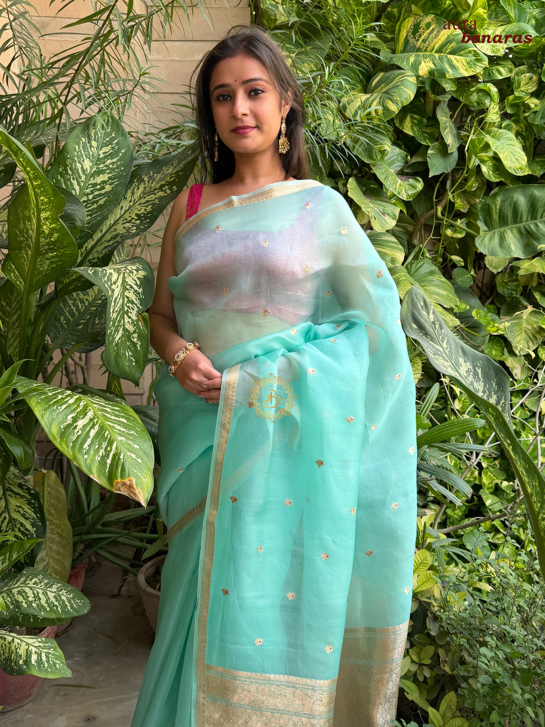 Mint Green Kora Silk Banarasi Saree with Zari Butis 