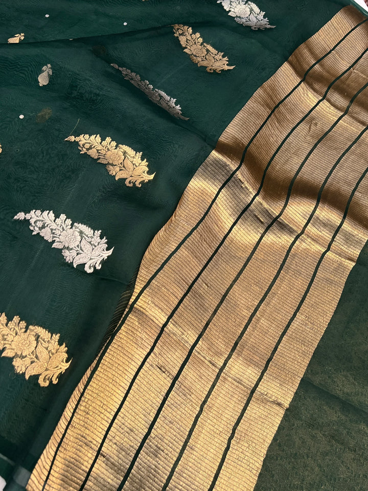 Bottle Green Pure Kora Silk Handloom Banarasi Saree