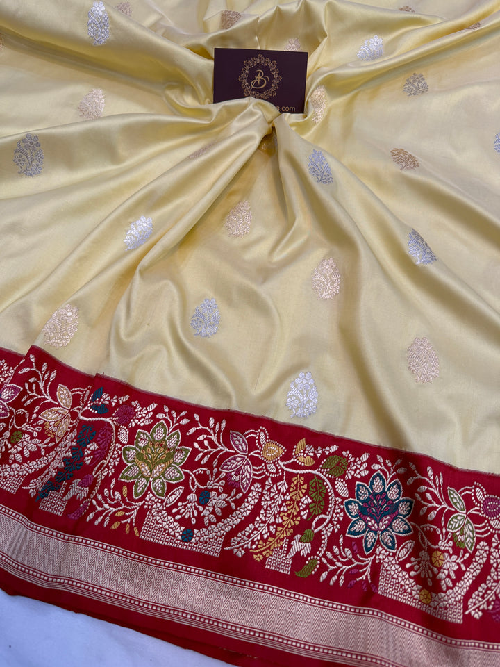 English Yellow Katan Silk Saree with Kadhwa Meenakari Border