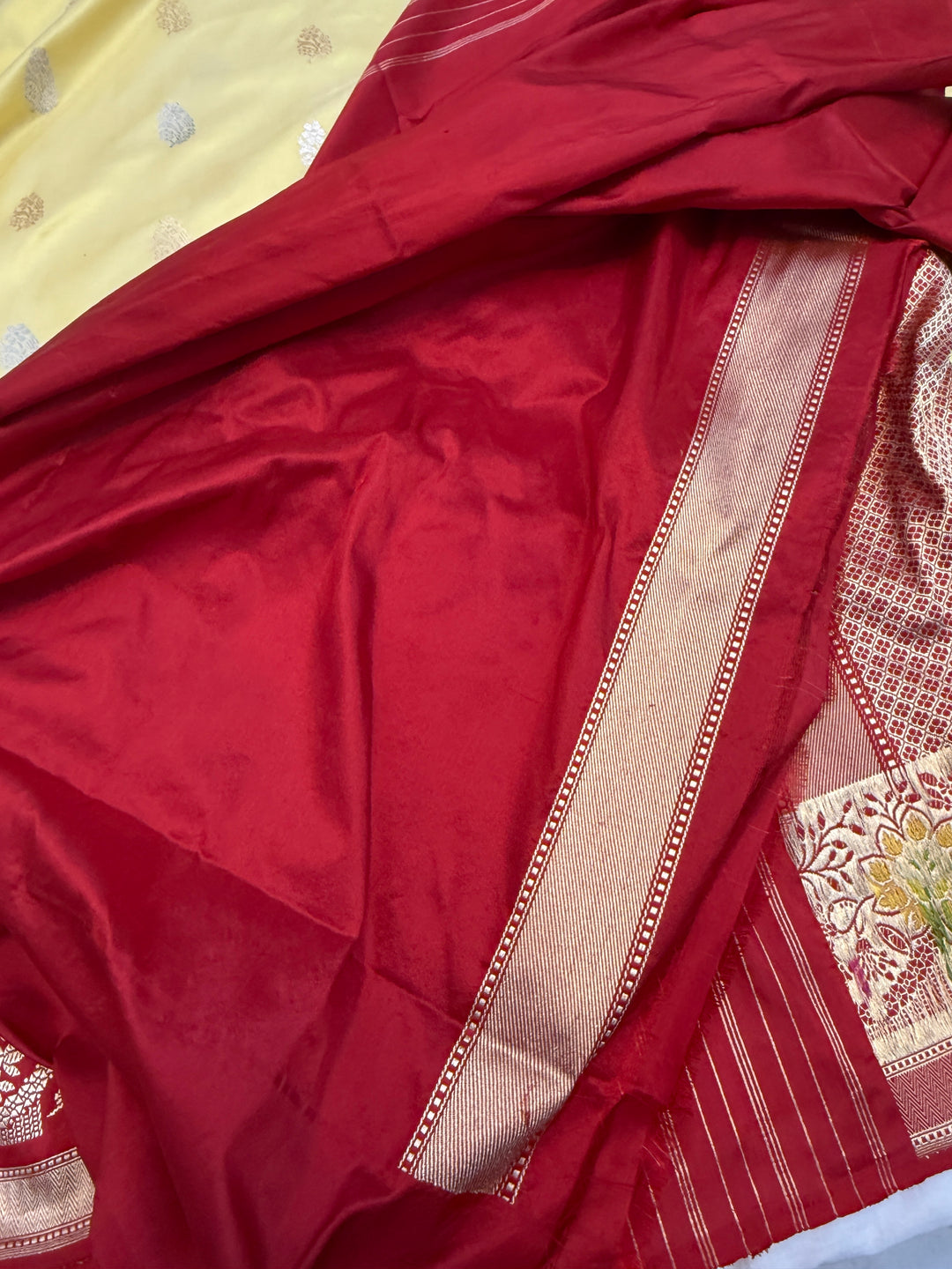 English Yellow Katan Silk Saree with Kadhwa Meenakari Border