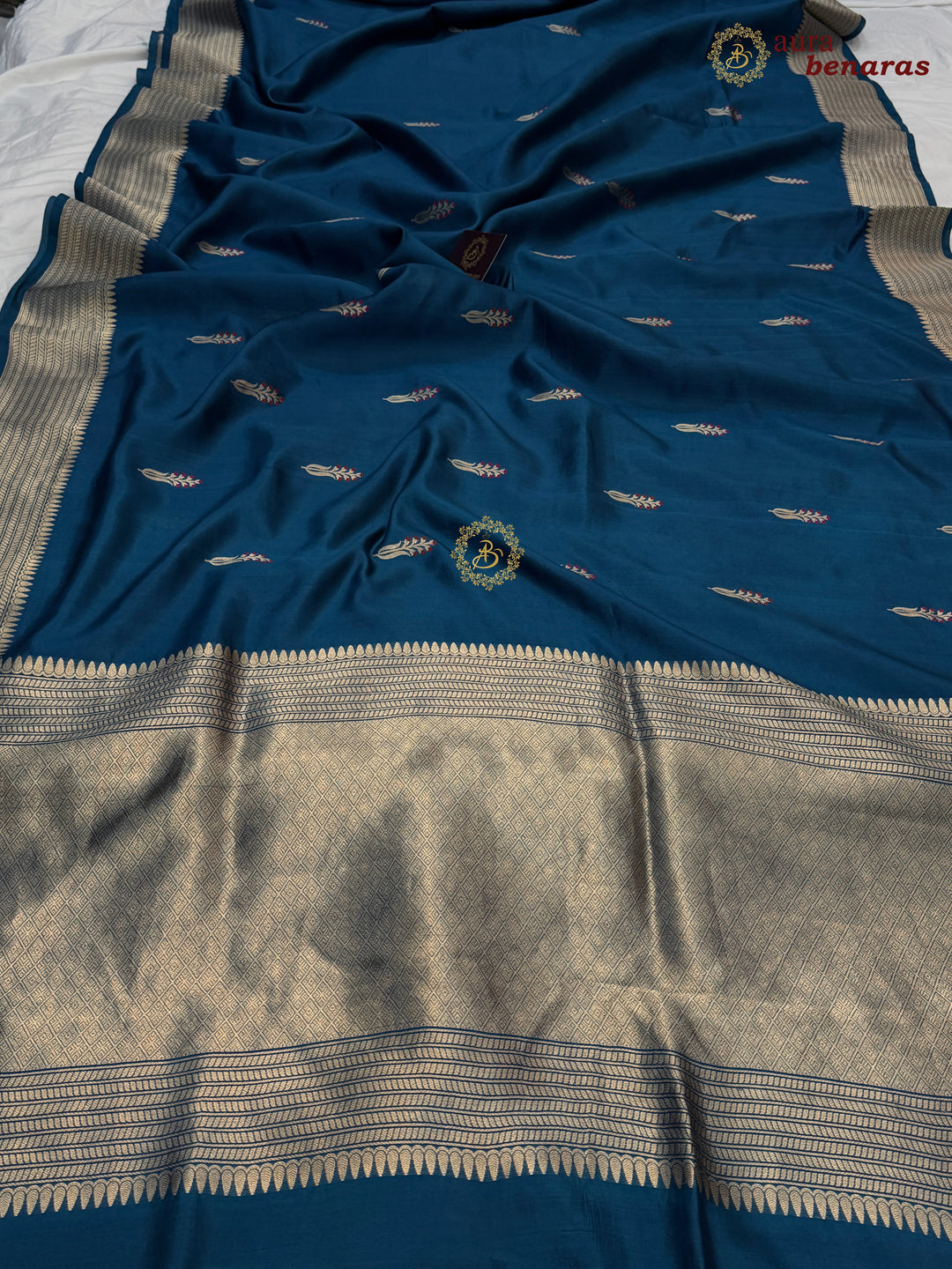 Teal Blue Pure Silk Handloom Banarasi Saree - AuraBenaras