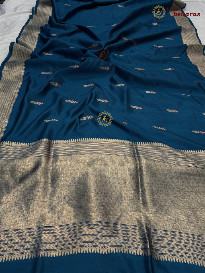 Teal Blue Pure Silk Handloom Banarasi Saree - AuraBenaras