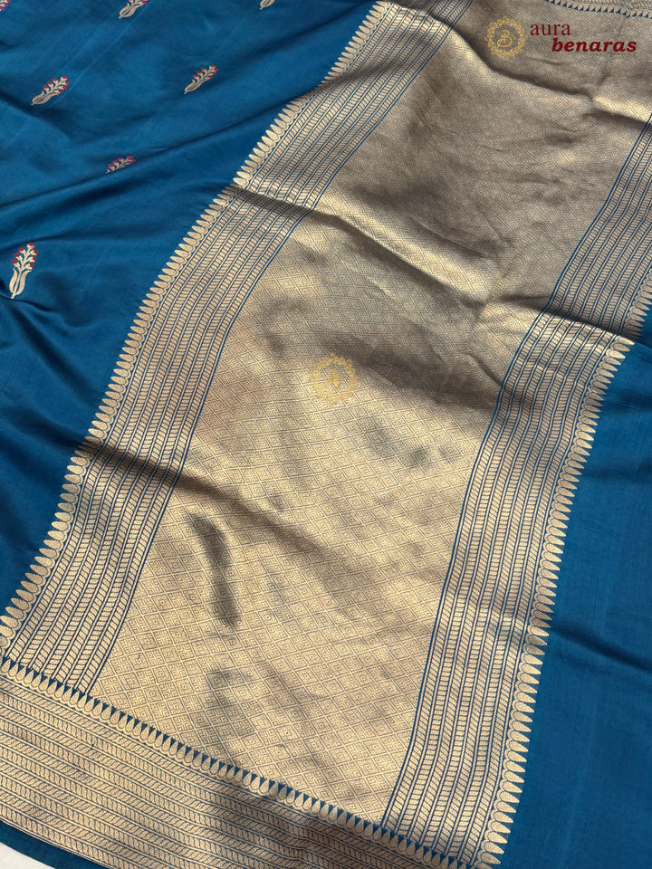 Teal Blue Pure Silk Handloom Banarasi Saree - AuraBenaras