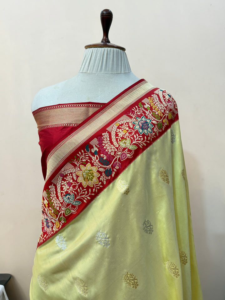 English Yellow Katan Silk Saree with Kadhwa Meenakari Border