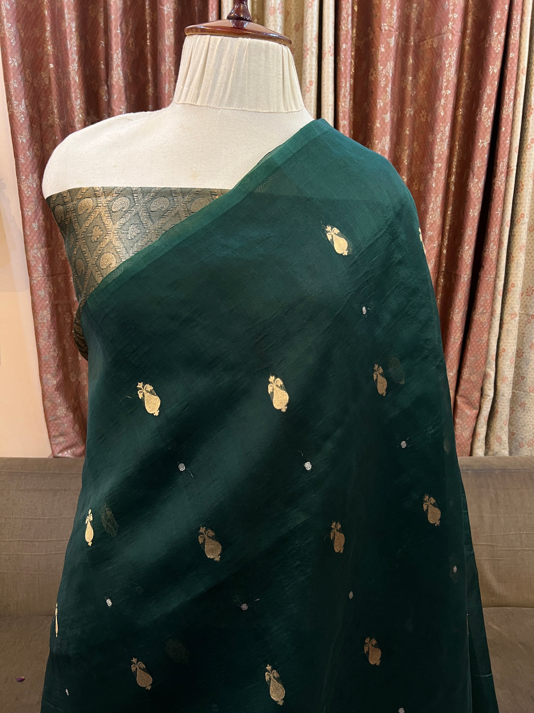 Bottle Green Pure Kora Silk Handloom Banarasi Saree