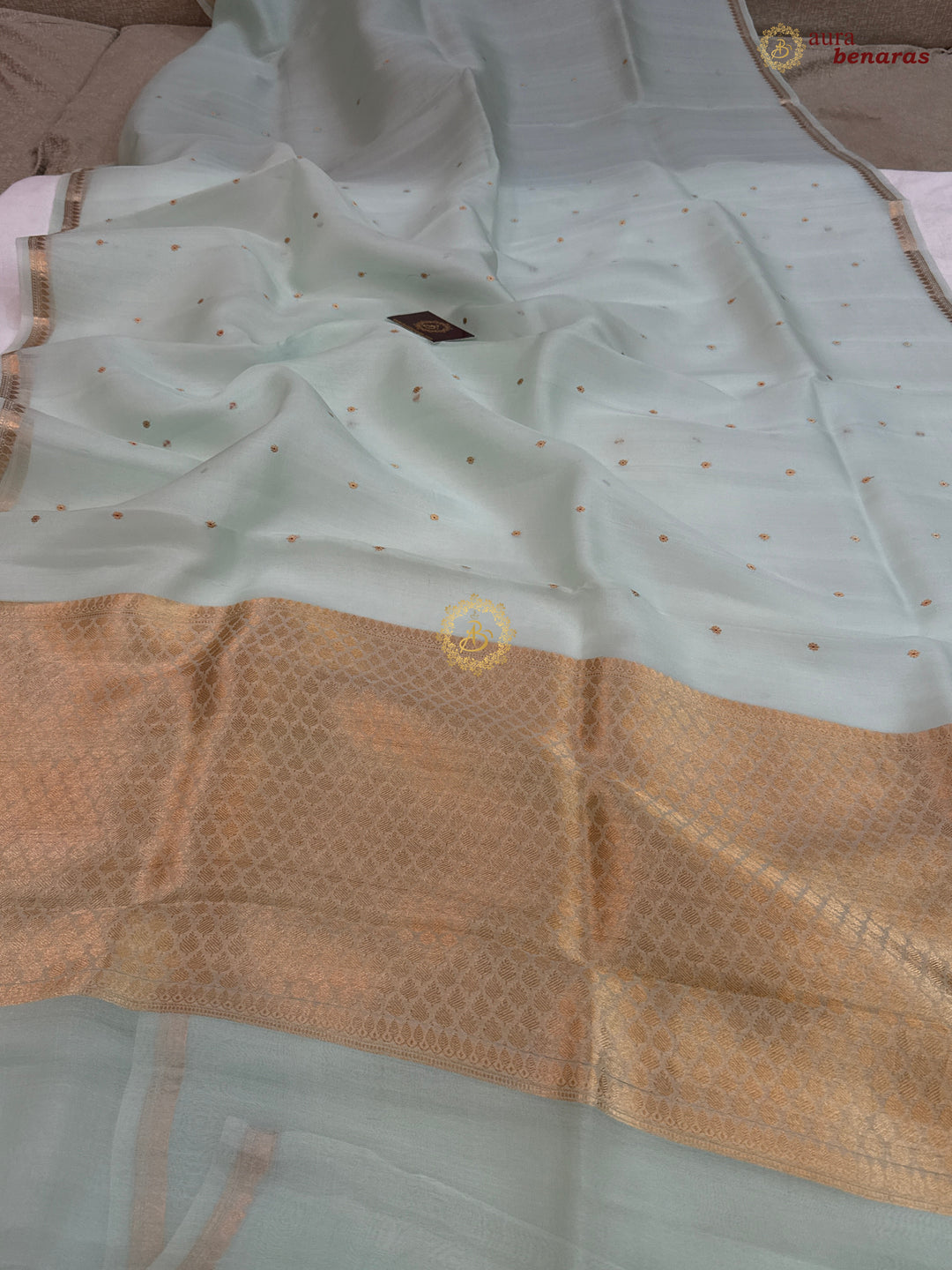 Pastel Mint Green Kora Silk Banarasi Saree with Zari Butis 