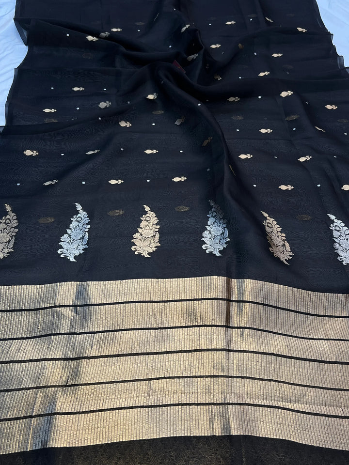 Black Pure Kora Silk Handloom Banarasi Saree